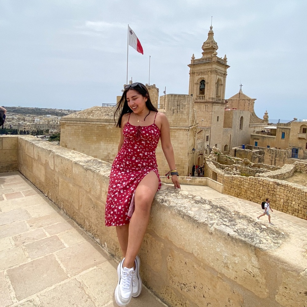 Long red dress with flowers